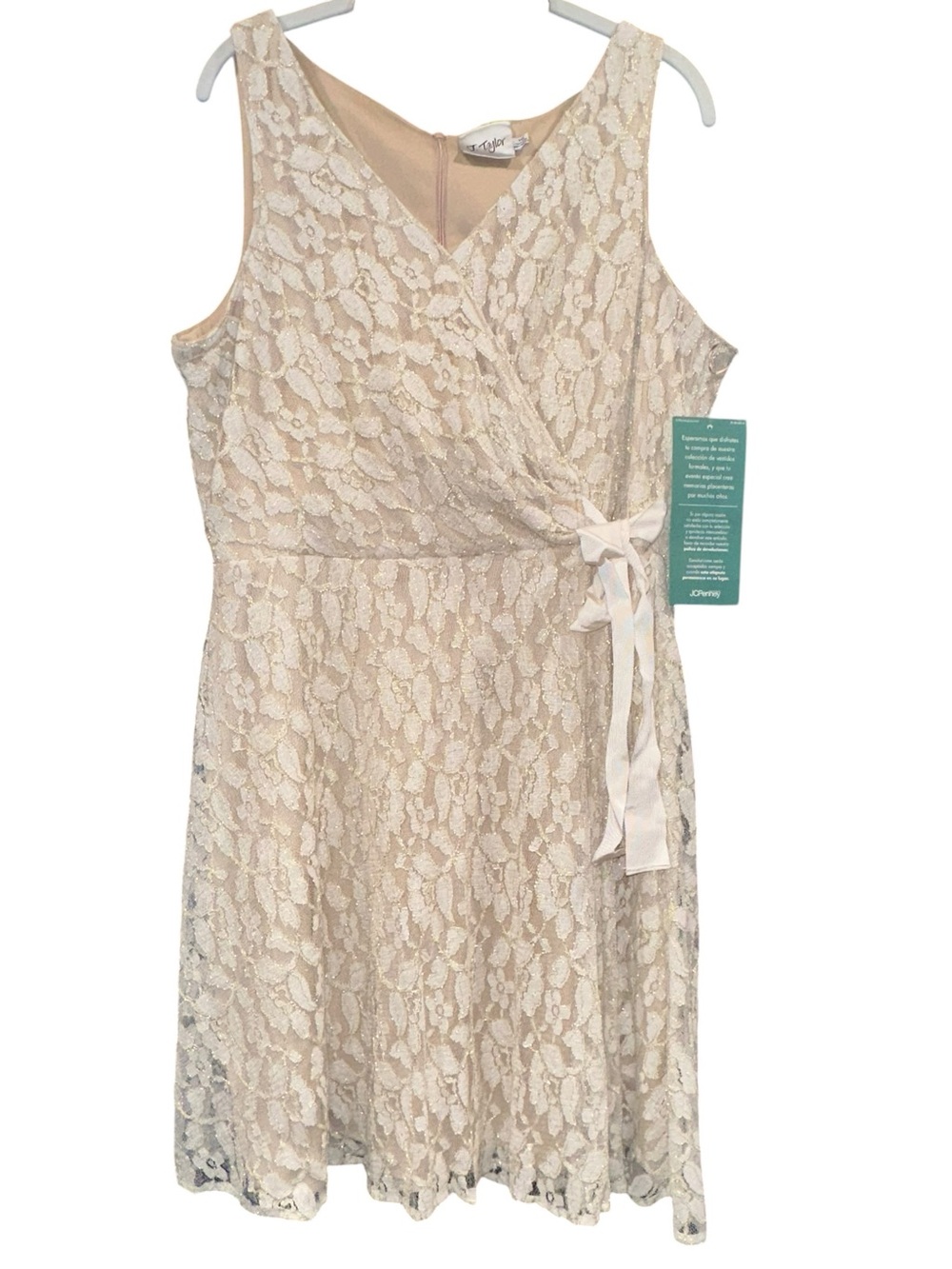 J. Taylor Ivory Gold Metallic Lace Faux Wrap Dress Size 16 NWT Sleeveless Party